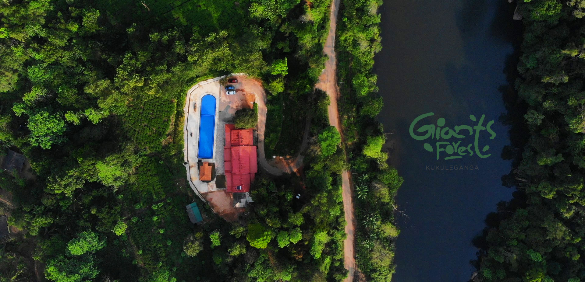 The hotel and its pool from directly above, ringed by forest
